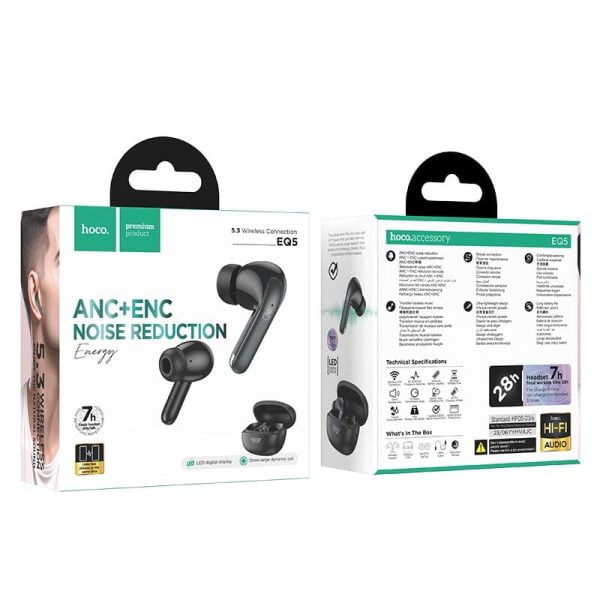 HOCO EQ5 ANC+ENC Bluetooth 5.3 Wireless Earphone – Black Color